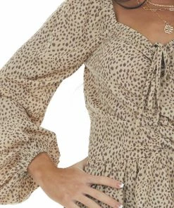 FSL APPAREL Beige Animal Print Ruching Front Peplum Blouse Tops 28 FSL APPAREL Beige Animal Print Ruching Front Peplum Blouse Tops