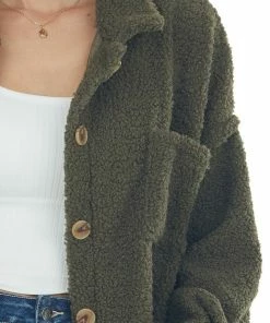 143 Story Olive Sherpa Button Up Bubble Sleeve Shacket