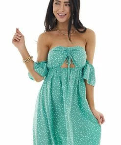 EPretty Light Juniper Polka Dot Off The Shoulder Dress With Ruching Dresses 26 EPretty Light Juniper Polka Dot Off The Shoulder Dress With Ruching Dresses
