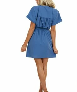 Andree Dusty Blue Surplice Dress With Waist Tie And Pockets