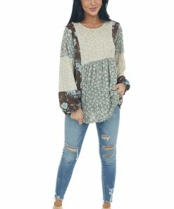 Ces Femme Taupe And Olive Multiprint Long Sleeve Top Tops