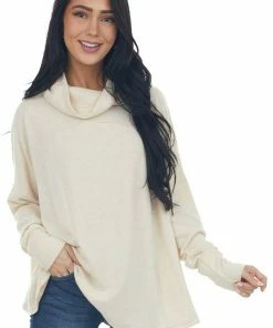 143 Story Tops Cream Wide Fit Cowl Neck Brushed Knit Top