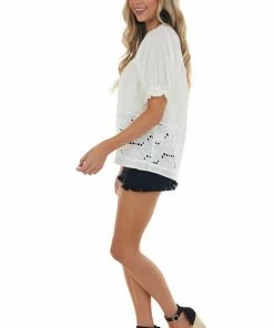 Umgee Tops Off White Split Neck Blouse With Eyelet Lace