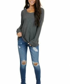 7th Ray Tops Stormy Grey Waffle Knit Long Sleeve Top With V Stitch
