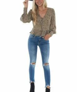 Mittoshop Taupe Leopard Print Button Up Peplum Blouse Tops