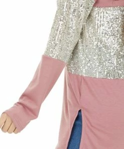 BiBi Mauve Sequined Colorblock Long Sleeve Top With Side Slits Tops