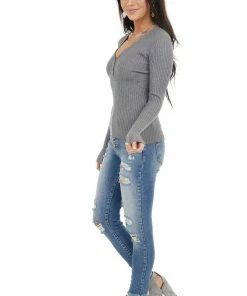La Miel Tops Charcoal Rib Knit Henley Long Sleeve V Neck Top