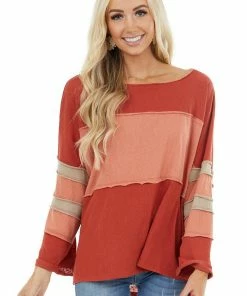 Umgee Rust And Apricot Top With Raw Hem Detail And Side Slits
