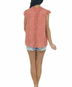 Ces Femme Rust Ditsy Floral Top With Flutter Sleeves Tops