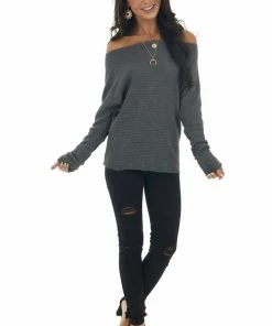 First Love Graphite Waffle Knit Boat Neck Long Cuff Top