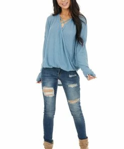 HOPELY Tops Powder Blue Waffle Knit Surplice Top With Criss Cross Detail
