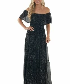 Flying Tomato Dresses Black And Gold Fleck Off Shoulder Maxi Dress
