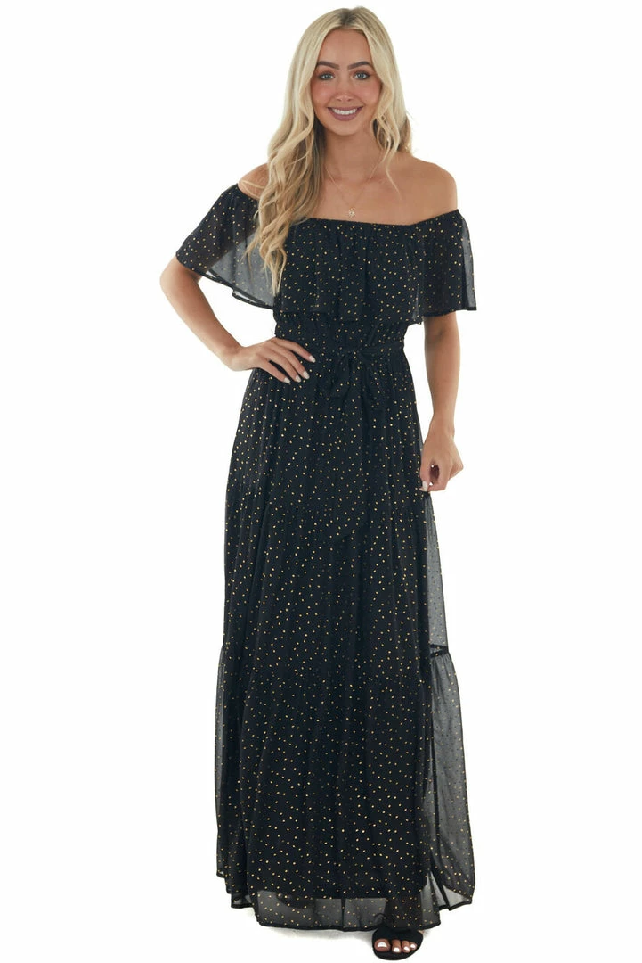 Flying Tomato Dresses Black And Gold Fleck Off Shoulder Maxi Dress 3 Flying Tomato Dresses Black And Gold Fleck Off Shoulder Maxi Dress