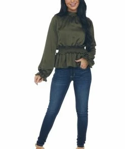 Peach Love Dark Army Green Mock Neck Smocked Peplum Top