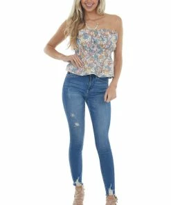 Entro Lavender Floral Print Ruffled Strapless Top Tops