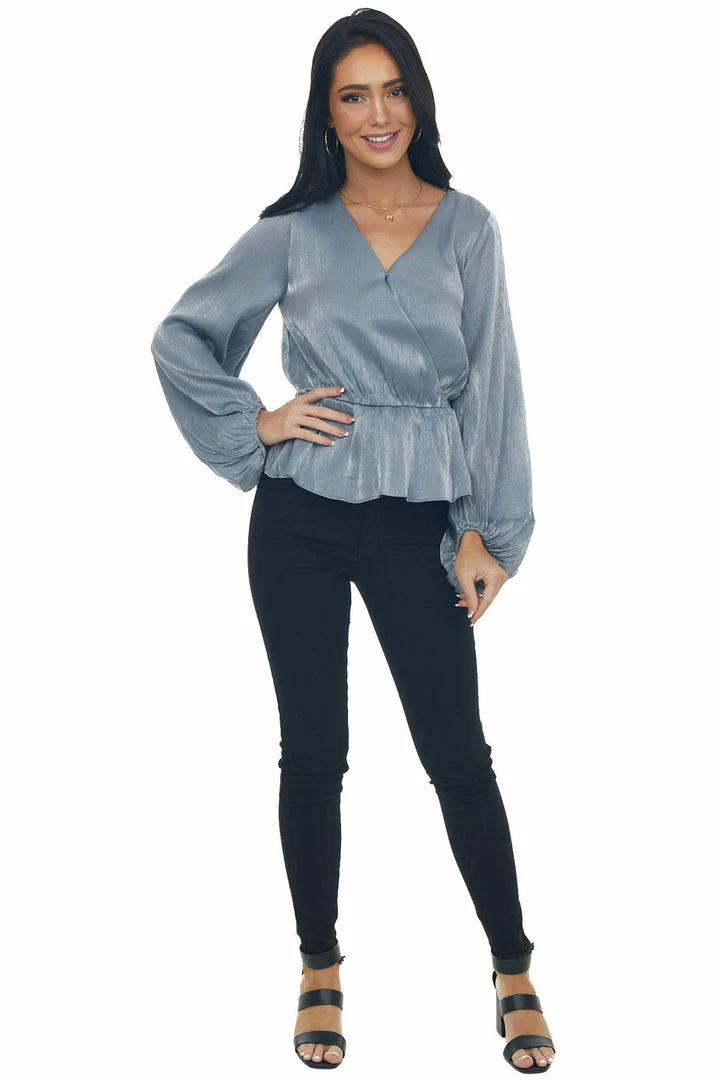 Peach Love Steel Metallic Drop Waist Surplice Peplum Top 15 Peach Love Steel Metallic Drop Waist Surplice Peplum Top