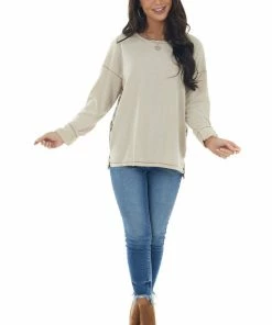 She + Sky Almond Long Sleeve Top With Leopard Print Back Tops