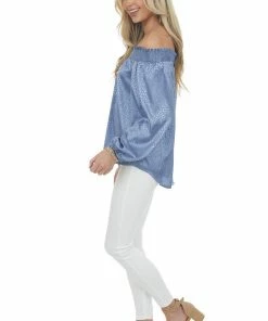 Umgee Dusty Blue Metallic Cheetah Off Shoulder Top Tops