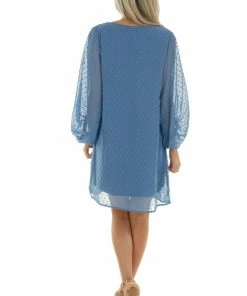 Eesome Dresses Ocean Long Bubble Sleeve Swiss Dot Short Dress