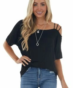 BiBi Black Cold Strapped Shoulder Soft Knit Short Sleeve Top Tops