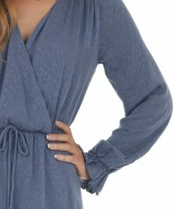 Peach Love Slate Blue Leopard Print Surplice Mini Dress