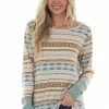 BiBi Steel Blue And Tawny Aztec Long Sleeve Top