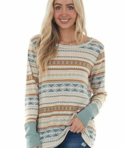 BiBi Steel Blue And Tawny Aztec Long Sleeve Top