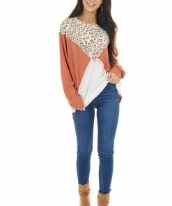 First Love Terracotta Leopard Colorblock Long Dolman Sleeve Knit Top