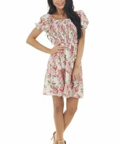 Hayden Dresses Dark Cream Floral Print Mini Dress With Smocked Bodice