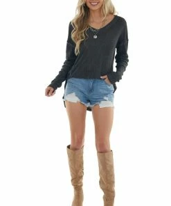 Umgee Heathered Black Knit Top With Ribbed Knit Details 33 Umgee Heathered Black Knit Top With Ribbed Knit Details