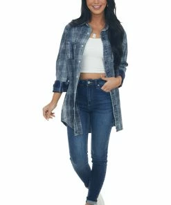 Peach Love Tops Navy Washed Plaid Chambray Button Down Top