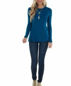 Blumin Apparel Sea Blue Laser Cut Out Back Long Sleeve Top Tops