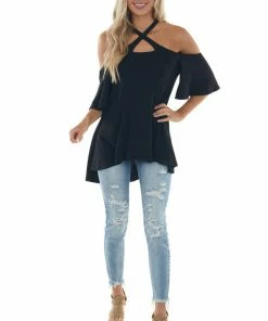 Fantastic Fawn Tops Black Flutter Sleeve Cold Shoulder Halter Top