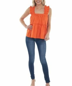 Entro Fire Orange Tank Top With Thick Ruffled Straps Tops