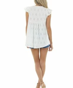 Ces Femme Pearl Short Flutter Sleeve Babydoll Eyelet Lace Knit Top