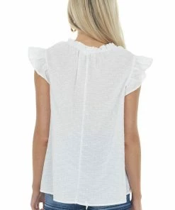 Ces Femme Off White Cap Sleeve Blouse With Lace Yoke