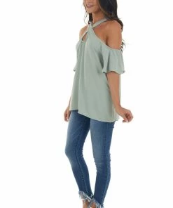 143 Story Sage Cold Shoulder Blouse With Criss Cross Halter Neck