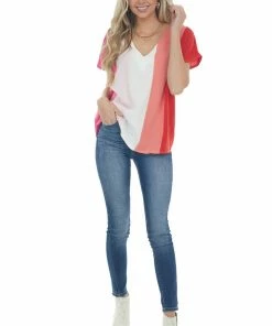 Entro Tops Blush Colorblock Short Sleeve V Neck Woven Top