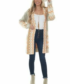 BiBi Latte Aztec Print Open Front Cardigan Tops