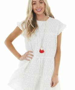 Hayden Off White Eyelet Woven Short Dress With Ruffle Sleeves
