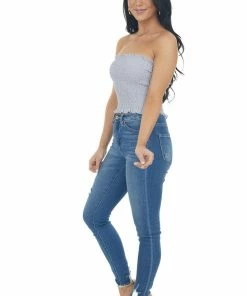 She + Sky Slate Blue Strapless Smocked Bandeau Top With Ruffled Hem Accessories