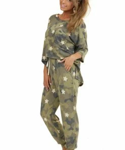 Entro Tops Olive Camo And Star Print Short Sleeve Top With Front Pocket