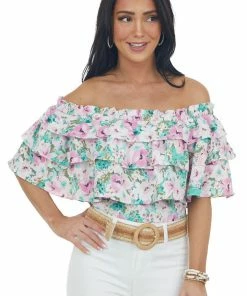 Entro Aquamarine Floral Off Shoulder Overlay Blouse