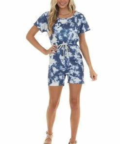 LE FEMME FASHION Stormy Blue Tie Dye Short Sleeve Knit Romper With Front Tie