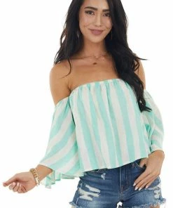 Blue Buttercup Mint Striped Off The Shoulder Flared Sleeve Blouse