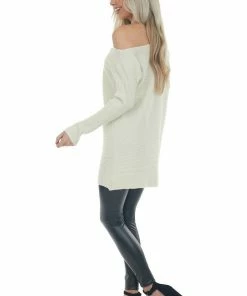 143 Story Cream Ribbed Knit Asymmetrical Boat Neck Top Tops