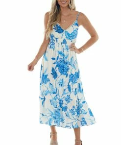 Flying Tomato Royal Blue And Ivory Floral Print Midi Dress