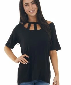 BiBi Tops Black Short Sleeve Knit Top With Caged Neckline 29 BiBi Tops Black Short Sleeve Knit Top With Caged Neckline