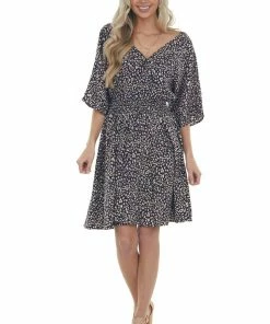 Staccato Navy Blue Leopard Print Surplice Half Sleeve Short Dress