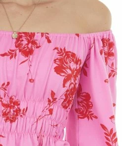 Entro Hot Pink And Red Floral Print Off The Shoulder Knit Top Tops